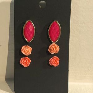 Roses and pink rhinestone oval stud trio